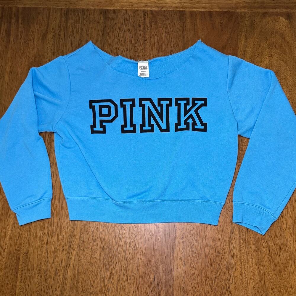 Victoria’s Secret PINK Large Blue Varsity Logo Raw Edge Sweatshirt
